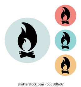 Bonfire icon isolated vector sign symbol, on blue, red, yellow background. Tourism elements. Can be used in logo, UI and web design