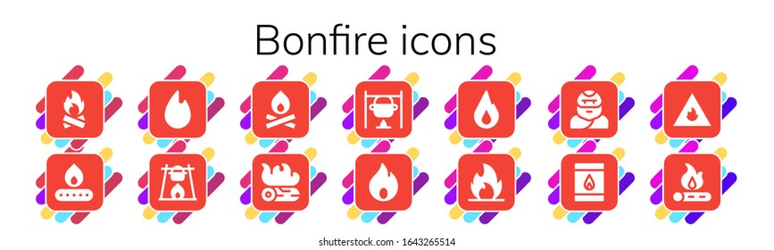 bonfire icon set. 14 filled bonfire icons. Included Bonfire, Fire, Campfire, Troglodyte, Matchbox icons