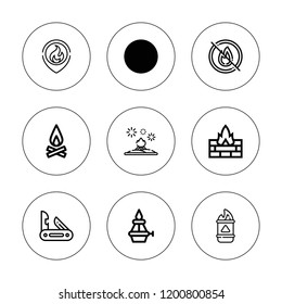 Bonfire icon set. collection of 9 outline bonfire icons with bonfire, campfire, fire, flame, jackknife icons. editable icons.