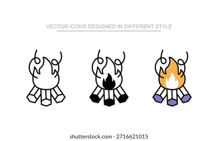 Bonfire icon set in different style with white background illustration