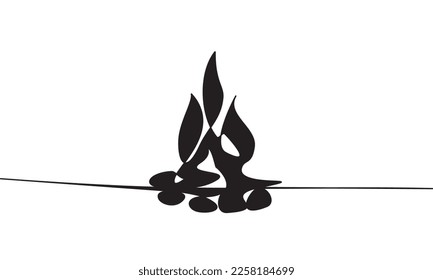 Bonfire icon silhouette. Heading to camp. Vector illustration of bonfire, camp adventure sketch. Icon, symbol, logo suitable for camping, hiking, traveling, adventure. Editable eps.
