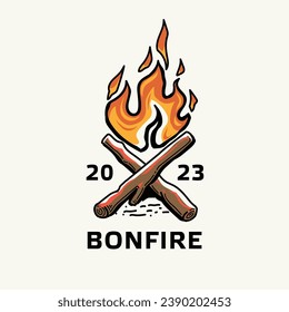 Bonfire icon vector design. Burning bonfire with wood, Burning campfire or bonfire on wooden logs isolated on white background. Design element of flame on firewood. 