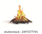 Bonfire Isolated White background Close-up of a pile of firewood burning, orange and yellow flames, 