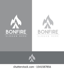 bonfire logo with a fire shape, tent camps make this design. unique, modern, simple, luxurious.