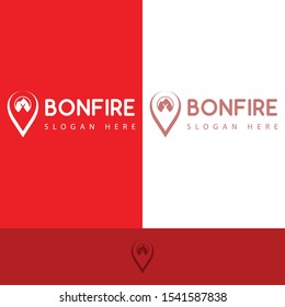 bonfire logo with the shape of the location sign like in the map and inside the campsite, the campfire made this design. unique, modern, simple.