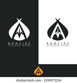 bonfire logo with the shape of a tent and fire on it wood like the letter a make this design. unique, modern.