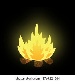 Bonfire made of logs with a bright flame. Burning pieces of wood. Summer Camping vacations. Campfire and fireplace for heating and cooking outdoors. Stock vector flat illustration isolated.