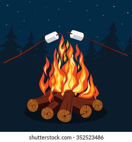 Bonfire With Marshmallow - Camping, Burning Woodpile. Vector Picture