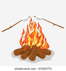 Bonfire with marshmallow - camping, burning woodpile. Vector