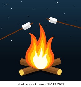 Bonfire with marshmallow. Camping grill marshmallow. Marshmallow outdoor campfire night. Vector Illustration