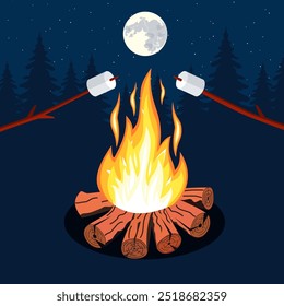 Hoguera con malvavisco, parrilla de camping Ilustración vectorial de malvavisco. Malvavisco al aire libre, noche de fogata, comida palo de malvavisco. Ilustración vectorial en diseño plano.