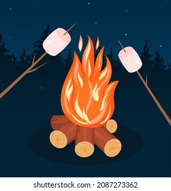 Bonfire with marshmallow concept. Colorful poster with campfire, sweets and branches. Burning wooden logs. Flame for cooking in nature. Design element for printing. Cartoon flat vector illustration