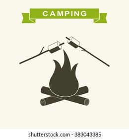 Bonfire with marshmallow Icon. Camping grill marshmallow flat. Marshmallow outdoor campfire night. Vector Illustration