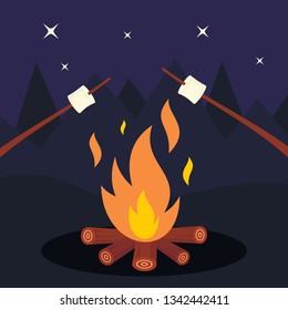 Bonfire and marshmallow on night background. Friends in night camping around bonfire. Marshmallow vector concept