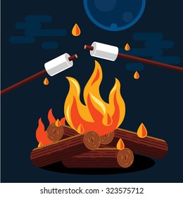 Bonfire With Marshmallow. Vector Flat Illustration