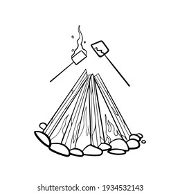 Bonfire marshmallows doodle vector. Campfire, roasting marshmallow on stick, rest at nature. Camping in the forest, place of stones for fire, wood with tongues of flame