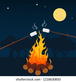 Bonfire with marshmallows. Summer camping with a fire and marshmallows on tree branches. Vector.