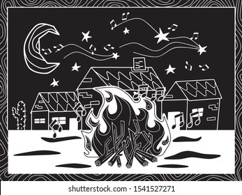 bonfire at midnight christmas. cordel illustration
