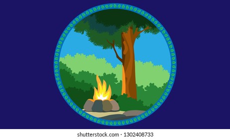 Bonfire near big pine tree in wild forest, icon wich fire, badge of camping and tourism