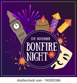 Bonfire night flayer contains the following elements: barrels of gunpowder, bonfire, 3 firecrackers, Guy Fawekes mask, Houses of Parliament, toffee apples