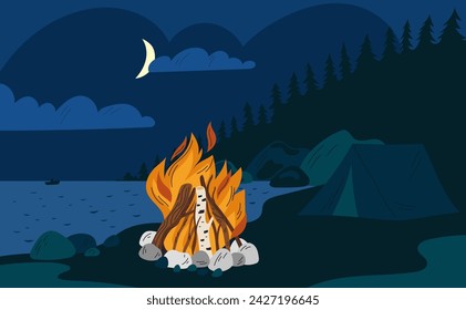 Bonfire in night forest. Tent on river bank. Burning campfire. Outdoor recreation. Hiking travel. Overnight in open air. Nature landscape. Glowing fire in dark. Garish