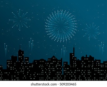 Bonfire night, Guy Fawkes Day, New Year
Fireworks in the sky over city
Holiday celebration 
 vector illustration