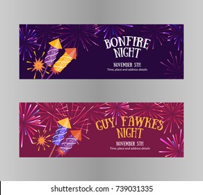 Bonfire night (Guy Fawkes day) flayers contains firecrackers, fireworks and text block on the purple background