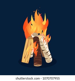 Bonfire night icon. Colorful cartoon flame on firewood. Burning campfire. Midsummer fire festival flaming sign template. Fireplace in summer camp party banner, flyer background. Vector illustration