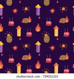 Bonfire night pattern contains the following elements: barrel of gunpowder, bonfire, firecrackers, toffee apples on the purple background