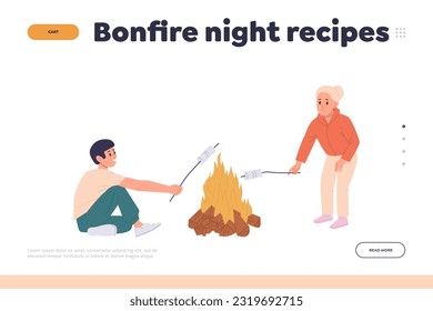 Bonfire night recipe landing page design template. with happy children character frying marshmallow