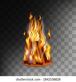 Bonfire on black background, campfire with firewood, burning flame. 