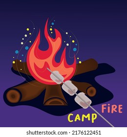 A bonfire in red tones on a dark blue background with a toasted beige marshmallow on a stick in the foreground. Campfire inscription in the lower right corner.