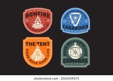 bonfire, ridge camping tent, old compass, carabiner triangle shape, campfire, navigation retro badge logo vector design collection set for adventure, explorer, mountaineer, hiker and climber