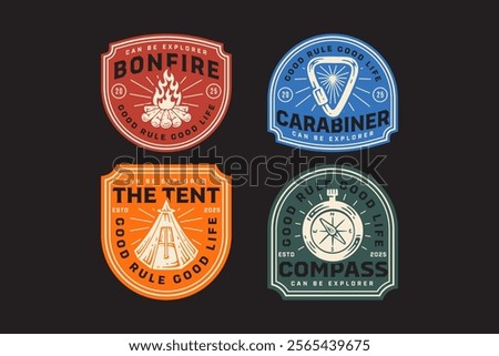 bonfire, ridge camping tent, old compass, carabiner triangle shape, campfire, navigation retro badge logo vector design collection set for adventure, explorer, mountaineer, hiker and climber