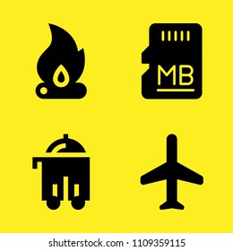 bonfire, room service, plane and sd card vector icon set. Sample icons set for web and graphic design