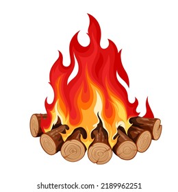 Fuego de hogueras, hoguera redonda con troncos ardientes y brillante ilustración vectorial de llama roja y amarilla. Caricatura aislada leña cortada en el bosque apilada en círculo para cocinar comida para los turistas picnic