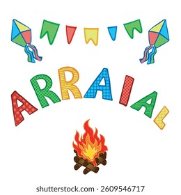 Bonfire of Saint John with Brazilian June festival flags and colorful balloons and arraial written in Portuguese. Vector illustration for cards and banners.