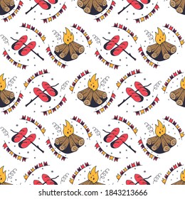 Bonfire and sausages. Seamless pattern on a white background. Cute vector illustration.