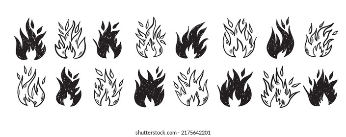 Bonfire set, hand drawn illustration, flame, burning.