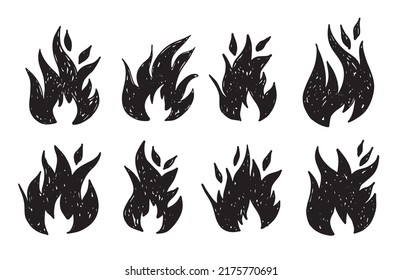 Bonfire set, hand drawn illustration, flame, burning.