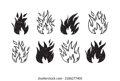 Bonfire set, hand drawn illustration, flame, burning.	