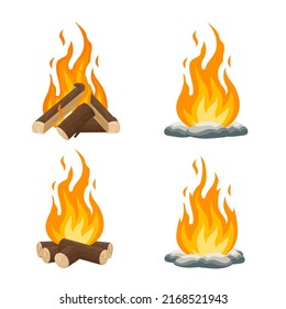 Bonfire set in vector cartoon style. Campfire with firewood and rocks. Bonfire with wood and stones. Pyramid firewood pile. Stack of bricks. Fireplace