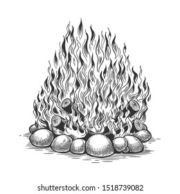 Bonfire sketch. Fire flame on wood hand drawn vector illustration, bonfires or campfires doodle image isolated on white background