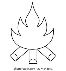 Bonfire. Sketch. A hot flame of fire burns. Ignition of wooden firewood. Vector illustration. Coloring book for children. Isolated background. Doodle style.