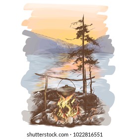 bonfire surrounded by rocks and bowler hanging on rods, river and mountains in the background, dry spruce next to the bonfire, sketch vector graphics colored drawing