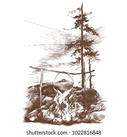 bonfire surrounded by rocks and bowler hanging on rods, river and mountains in the background, dry spruce next to the bonfire, sketch vector graphics monochrome pattern