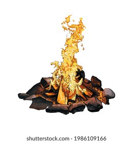 Bonfire surrounded by stones, colored drawing, realistic. Vector illustration of paints