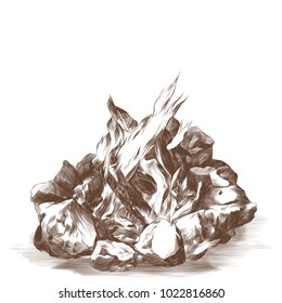 bonfire surrounded by stones, sketch vector graphic monochrome drawing