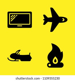 bonfire, tablet, snowmobile and aeroplane vector icon set. Sample icons set for web and graphic design