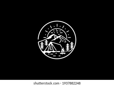 Bonfire and tent in camping area line art illustration design